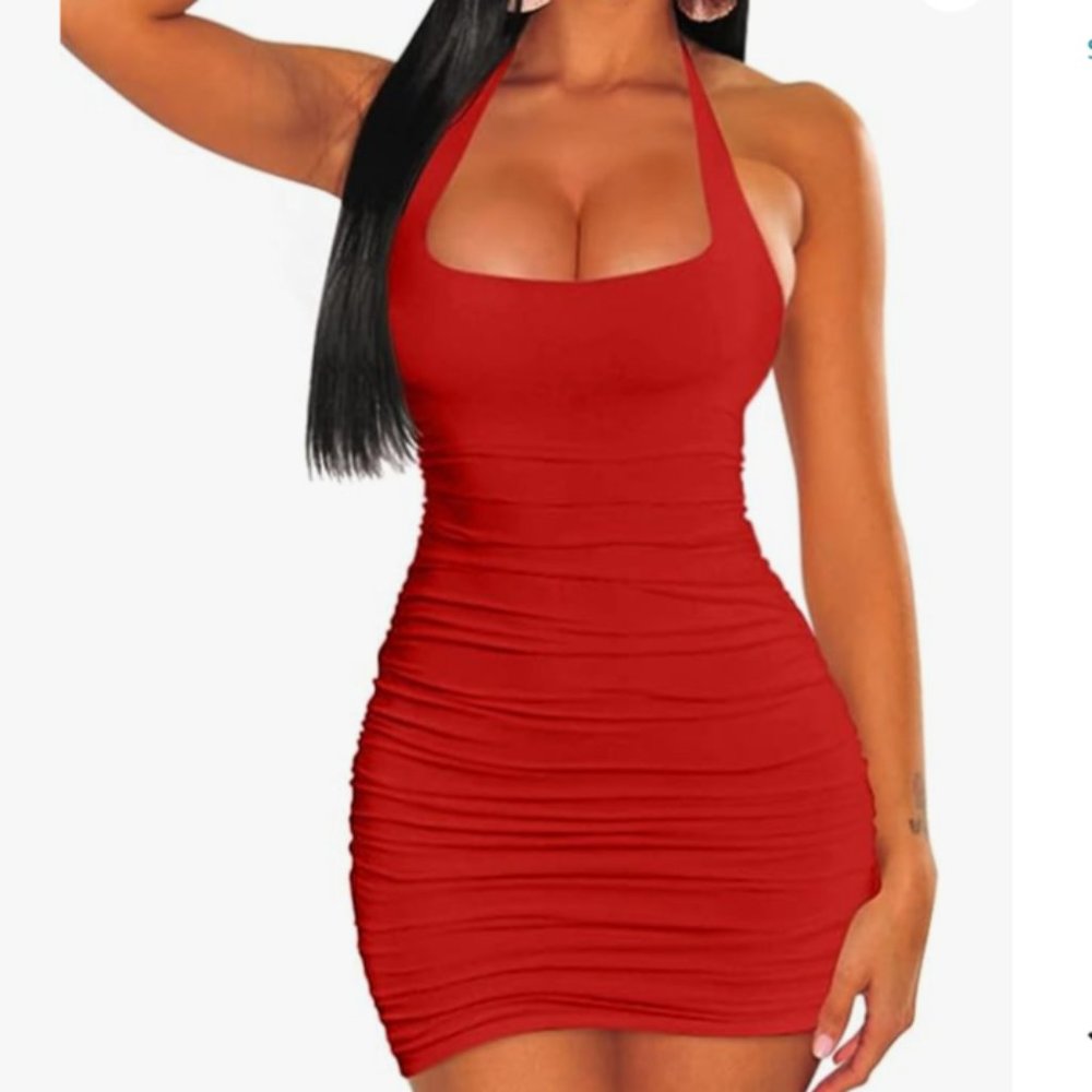 Red Sleeveless Backless Halter Dress